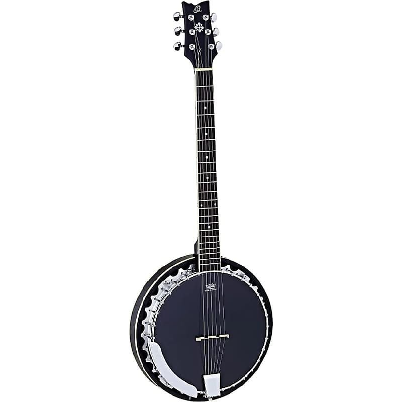 Banjo de 6 cuerdas serie Raven OBJ350/6-SBK de Ortega Guitars en negro satinado con funda de transporte